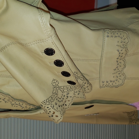 ππ€π WILSONS VINTAGE 90S GENUINE LEATHER TAN EYELET SCALLOPED BLAZER JACKET - Picture 5 of 16